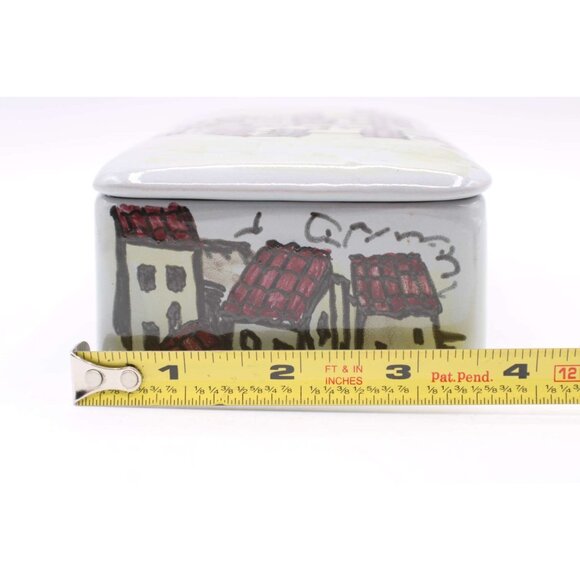 Italian Pottery Ceramic Trinket Box Village Scene Lid Gray Purple Signed Vintage - Picture 12 of 13